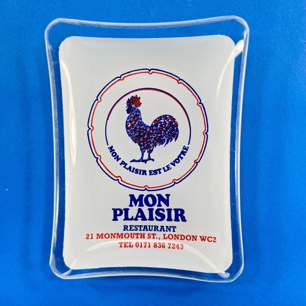 French Restaurant Bent Glass Tray Mon Plaisir London England Rooster Vintage
